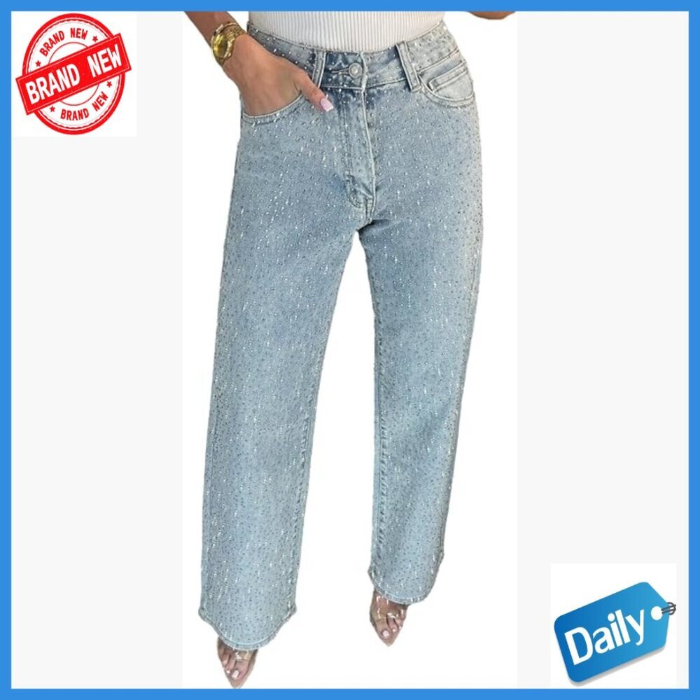 High Waist Straight Leg Rhinestone Jeans Stretchy Wide Leg Denim Pants